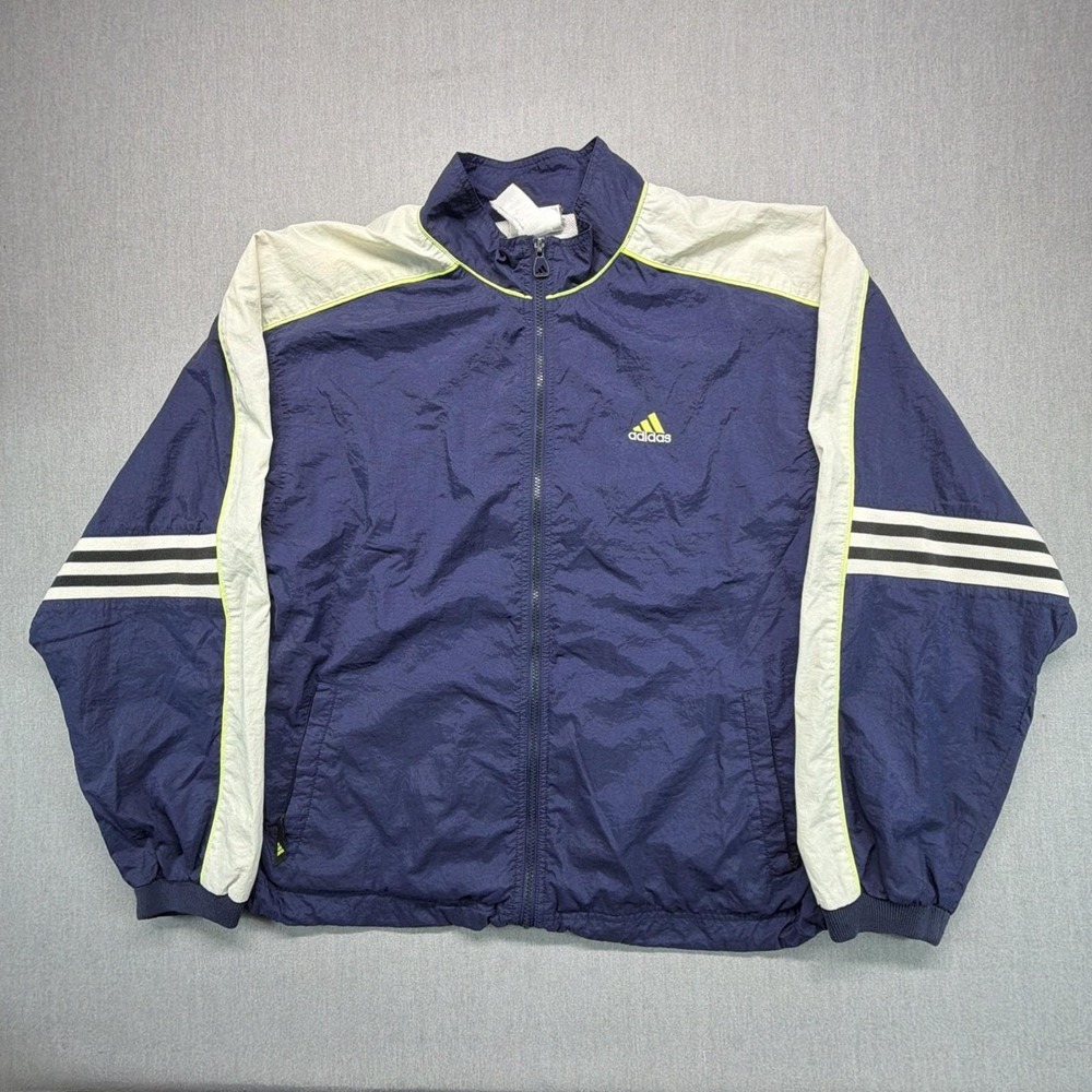 Vintage Adidas Wind Breaker Jacket Large Training Navy Blue White Stripes 90s